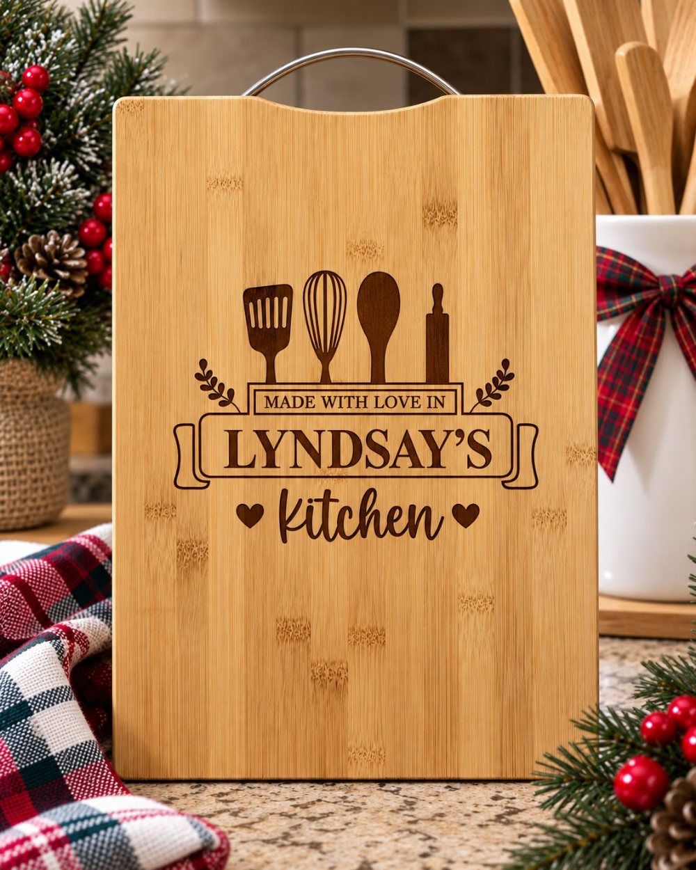 Bamboo cutting board laser engraved with Made with love in Lyndsay's kitchen